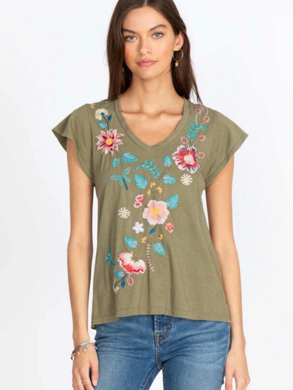 Johnny Was Grace Flutter Sleeve Tee with Embroidery
